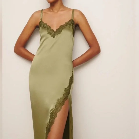 NWT Reformation Karissa Silk Maxi Dress in Olive Oil Green Size 4 - Picture 3 of 9